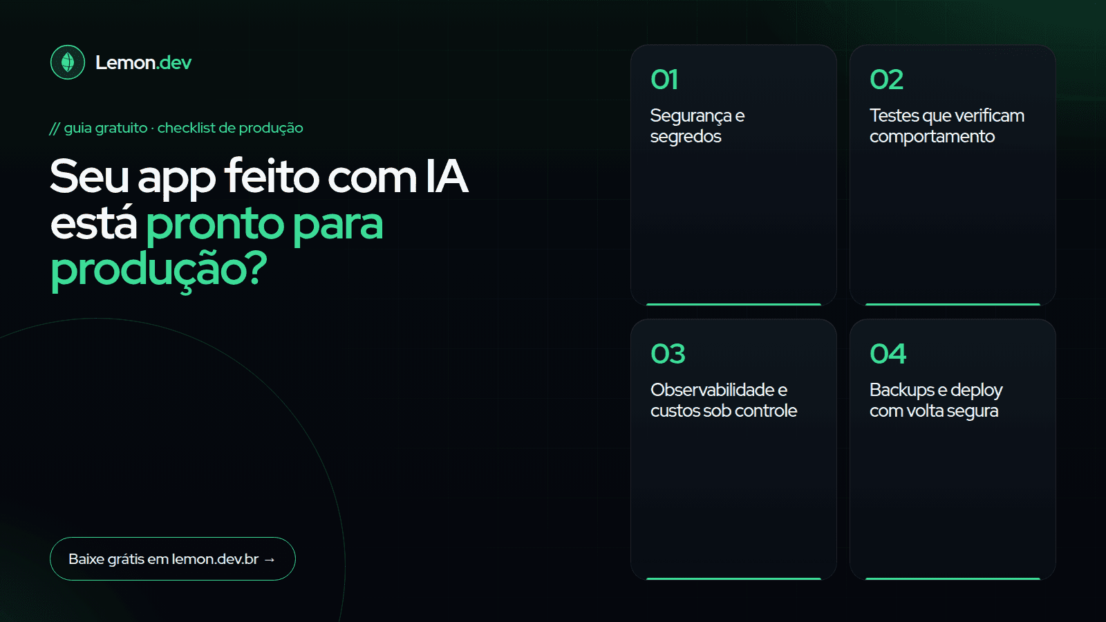 Capa do guia gratuito: checklist de produção com segurança, testes, observabilidade e backups.